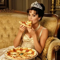 photo of sophia loren, young beautiful, draped in relaxed pose on antique luxury sofa, holding pizza, eating pizza, enjoying pizza, intricate ornamented tiara, opulent pearl necklace, laced dress, golden lighting, golden ratio, sharp focus, masterpiece, extremely coherent