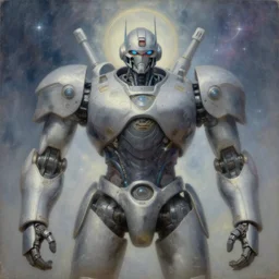 desaturated holy saint battle robot award winning close - up portrait symmetry faded tetrachromacy colors astral background tim hildebrandt wayne barlowe bruce pennington donato giancola larry elmore masterpiece trending on artstation cinematic composition beautiful lighting hyper detailed!!! 8 k oil on canvas