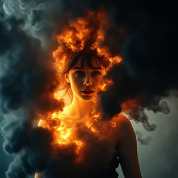 dramatic photo of a girl exploding into black smoke, intircate details, octane render, volumetric lighting, 4 k