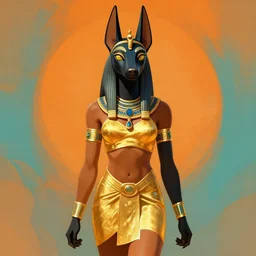 Detailed symmetrical digital painting of Female Anubis wearing short Golden Clothing. orange and teal color palette, trending on Artstation