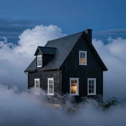 in blue dusk i finally step outside breathing in the cloud that has settled noticing a black looming house shape, painted by casey baugh, steve caldwell, gottfried helnwein