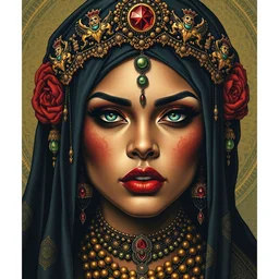 detailed umm kulthum as rihanna, by james gurney + intricate and vibrant work + portrait + trending on artstation + incredible gothic illustration + exquisite detail