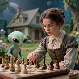 detailed, sharp, a girl playing chess with her cute pet humanoid alien creature, wearing 1850s era clothes, no hat, in the garden of a house on an alien planet, extremely highly detailed, in focus faces, 70 mm film still from a period sci fi color movie, 4k, HD, cinematic lighting