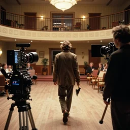 cinematography of jack torrence walking away from the camera with an axe from stanley kubrick's 1 9 8 0 film the shining, inside the soundstage set for the overlook hotel interior shot on 3 5 mm eastman 5 2 4 7 film by the shining cinematographer john alcott shot on a 6 5 mm cooke panchro macro lens with golden ratio composition