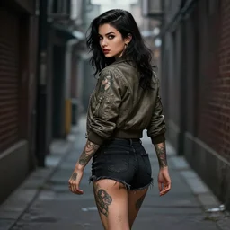 tattooed sexy pinup girl wearing an aviator jacket and ripped black shorts walking in a dark alley, deep focus, turnaround, highly detailed, digital painting, artstation, concept art, matte, sharp focus, illustration, kim jung gi, art by artgerm and greg rutkowski and alphonse mucha.