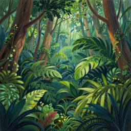 a rainforest, lushious leaves, beautiful colors, illustration, colored pencil, concept art, digital art, cinematic, cool color palette, 8 k, hd