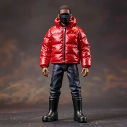 kanye west, a goodsmile figure of kanye west using a full face covering black mask, a small, tight, undersized reflective bright red round puffer jacket made of nylon, dark jeans pants and big black balenciaga rubber boots, figurine, detailed product photo