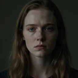 an cinematic headshot portrait of a skinny pale woman, freckels, pretty, sad, low contrast, long hair, ultra realistic, coherent