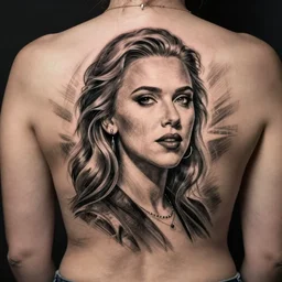 tattoo of Scarlett Johansson, sketched by Loish, back tattoo