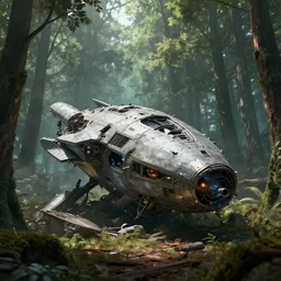 remnant of an old crashed alien spaceship in a forest by brian despain, daniel ridgway knight, atey ghailan, jeremy mann, artstation, volumetric light, high detail, perfect, concept art, 8 k, realistic