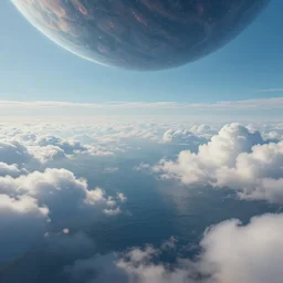 beautiful matte painting of a dreamy ocean with clouds, sci - fi, daylight, blue sky, cinematic lighting, cinematic perspective, planet above, syd mead, john harris, federico pelat, detailed, 4 k, hd