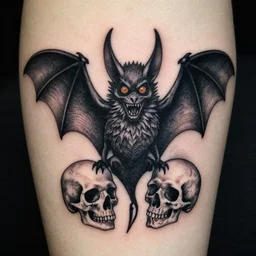 gothic tattoo design of a vampire bat and skulls by bernie wrightson