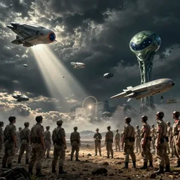war of the worlds scene, communist propaganda outfit, alien and starships