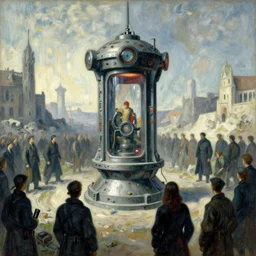 teleportation machine in a dystopian world, with citizens using it to escape the oppressive government by edouard manet