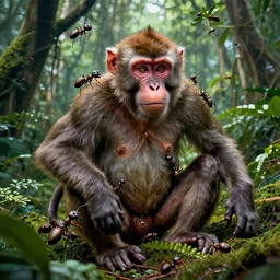 an incredible intricate surrealist monster of the mix of monkeys and ants in the jungle, by the best photographer of national geographic, scientific photo, hight quality, realistic light, kodachrome 6 4, hiperdetailed