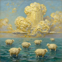 3d high relief painting of sea like glass, voluminous golden clouds like sheeps floating lightly in the air, massive looming ancient tower in the distance, dreamy, delicate, highly detailed,  expressive impressionist style,in the style of William Schneider
