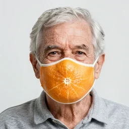 an elderly man wearing a mask made from citrus, bold natural colors, national geographic photography, masterpiece, lemon, orange, lime, 8 k, raw, unedited, symmetrical balance