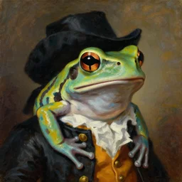 a head and shoulders portrait painting of an anthropomorphic!!!!!!!!!! amazon milk frog!!!!!!!!!! wearing a colonial outfit without a hat looking off camera, a character portrait, romanticism, oil on canvas, dense brush strokes, intense color