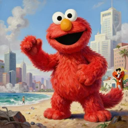 A religious illustration of giant Elmo from sesame street being depicted as a kaiju destroying a beach city, highly detailed oil painting, 4K painted by Michelangelo and Rembrandt