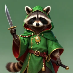a raccoon wearing an amulet in a green, hooded rouge outfit holding dagger, trending on art station