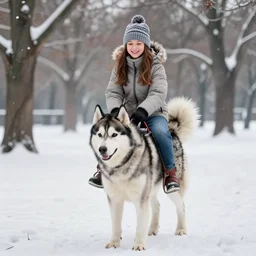 girl riding a giant husky in a snowy park