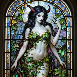 a stunningly detailed stained glass window of a beautiful succubus dressed as poison ivy with white skin, dark eyeliner, intricate, elegant, highly detailed, digital painting, artstation, concept art, sharp focus, illustration, art by greg rutkowski and alphonse mucha