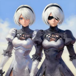 greg manchess portrait painting of 2 b nier automata as tracer from overwatch, organic painting, sunny day, matte painting, bold shapes, hard edges, street art, trending on artstation, by huang guangjian and gil elvgren and sachin teng