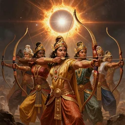 an epic fantastic realism comic book style painting of a dozen flamboyant hindu archers drawing their bows, intricately detailed with filigree and mystical text, 8 k, ultra realistic, solar eclipse, lens flare, atmosphere, glow, detailed, intricate, full of colour, cinematic lighting, trending on artstation, 4 k, hyperrealistic, focused, extreme details, unreal engine 5, cinematic, masterpiece