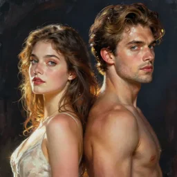 artwork by James Jean and artwork by Phil noto and artwork by Rebecca guay of a handsome man and a beautiful woman back to back