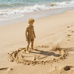 a full shot of a little man made of sand, standing on a beach, slowly eroding due to wind, intricate, highly detailed, digital painting, artstation, smooth, sharp focus, illustration, unreal engine 5, 8 k, art by franz kafka