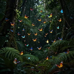 realistic photo of too many small beautiful colorful glowing butterfly flying in jungle, wide angle shot, dark smooth background, very sharp focus, in the style of greg rutswoski, very hyper realistic, highly detailed, fantasy art station