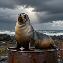 a old south american fur seal australis in a oil barrel, by goya, zoom out,