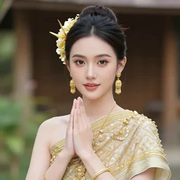aesthetic!!!!!!! a beautiful young asian girl with thai traditional ornaments around