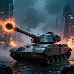large futuristic tank with with a cannon that fires black holes, futuristic city on fire, night, fog, thunder, rain, cinematic, volumetric lighting, f 8 aperture, cinematic eastman 5 3 8 4 film, photorealistic