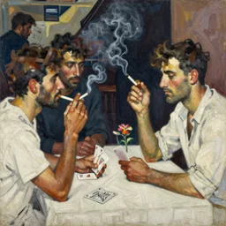 oil painting in the style of john craxton. sailorsin the shadows of jazz club. cretan. forearm. talking. cheekbones. looking. strong expressions on faces. smoke. holding cigarettes. playing cards. scratch. strong lighting. brush. single flower. in the style of ivon hitchins. seated figure hands on table. line drawing. high detail.