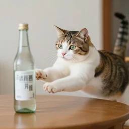 a cat pushes a bottle from the table