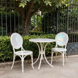 delicate, chairs, garden, paved, botanic photography, iridescent, 8 k, realistic shaded, fine details, artstation, italian, iron gate, tree, mediterranean