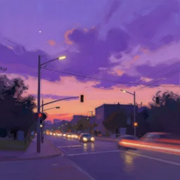 a beautiful illustration of a street at sunset, art of alena aenami, featured on artstation, vertical orientation, paint brush strokes, expressionism, brushstroke - laden, purple hue, breathtaking clouds, traffic lights, wet concrete, beauttiful stars, cables, long exposure
