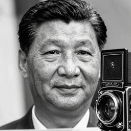 photo of Xi Jinping by Diane Arbus, extreme closeup, black and white, high contrast, Rolleiflex, 55mm f/4 lens