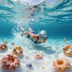 swimming out to sea, in a sea filled with vitamin d milk instead of water. some oversized huge ( fruit loops ) cereal bob in the milk nearby. just keep swimming. octane 3 d, ue 5, 4 k, award winning, dramatic lighting, subsurface scatter.