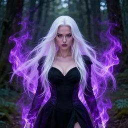 style artgerm, joshua middleton, conrad roset, beautiful kristen bell with black dress, very long white hair, symmetrical face, symmetrical eyes, purple fire powers fire swirling, detailed, forest setting, cinematic lighting