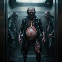 in the dark elevator, a full body wet skin creature with glowing eyes, crawling humanoid monsters, smile face, mist, octane rendering, cinematic light. medium shot, 2 4 mm, david fincher, james wan, gritty, moody, eerie, dark artslabcoats, sci - fi equipment, saliva, membrane pregnancy sac, respiratory flap, super realism, claws