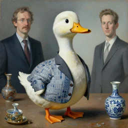 anthropomorphic duck wearing a suit, surrealist painting by igor morski, gediminas pranckevicius, beeple, ornament, porcelain, super - resolution, soft lighting, ray tracing global illumination, in a symbolic and meaningful style