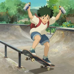 a beautiful movie still in the style of Studio Ghibli anime showing a skateboarder grinding down a rail in high detail. The skater is a girl with green hair and she is waving spray paint cans in the air. Studio Ghibli, trending on artstation, trending on behance