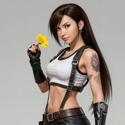concept art of tifa lockhart with tattoos, holding a yellow flower, high quality, detailed, trending on artstartion