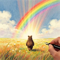 the dropout bear walking towards the horizon, by john kenn mortensen, by takashi murakami, illustration, colored pencil, fountain pen, digital art, comic book, color grading, vintage, field of view, warm color palette, rainbow, spectral color, rays of shimmering light, volumetric light, cotton, clouds, mist