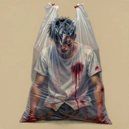 beaten up man draped in plastic bag, cyberpunk, painful, cardboard, blood stains on shirt, bleeding, illustration, traditional drawing style, dramatic mood, textured canvas, highly detailed, fine art, melancholic art, oil pastels, 8 k render octane high definition cgsociety