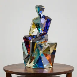 a multicolored bismith sitting on top of a table, an abstract sculpture by john chamberlain, trending on pinterest, crystal cubism, angular, made of crystals, iridescent