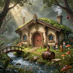 medieval hobbit home, ornate, beautiful, atmosphere, vibe, mist, smoke, chimney, rain, book, god light, barrel, wet, mushrooms, pristine, puddles, dripping, waterfall, creek, bridge, forest, flowers, concept art illustration, color page, 4 k, tone mapping, doll, akihiko yoshida, james jean, andrei riabovitchev, marc simonetti, yoshitaka amano, digital illustration, greg rutowski, volumetric lighting, sunbeams, particles