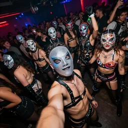 selfie at a provocative techwear packed busy rundown nightclub, lots of people, males and females breakdancing, variety of sharp sparkly creepy masks, harnesses and garters, retrofuturism, brutalism, cyberpunk, sigma 8 5 mm f / 1. 4, 1 5 mm, 3 5 mm, tilted frame, long exposure, 4 k, high resolution, 4 k, 8 k, hd, wide angle lens, highly detailed, full color, harsh light and shadow, intoxicatingly blurry
